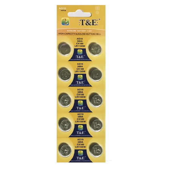 T&E AG10 SR1130SW LR1130 389 Alkaline Button Battery (10 Pieces)