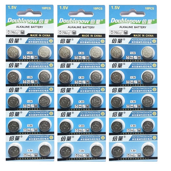 Doublepow AG13 SR44SW LR44 357 Button Alkaline Battery (30 Pieces)