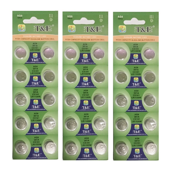 T&E AG8 SR1120SW LR1121 LR55 391 Alkaline Button Battery (30 Pieces)