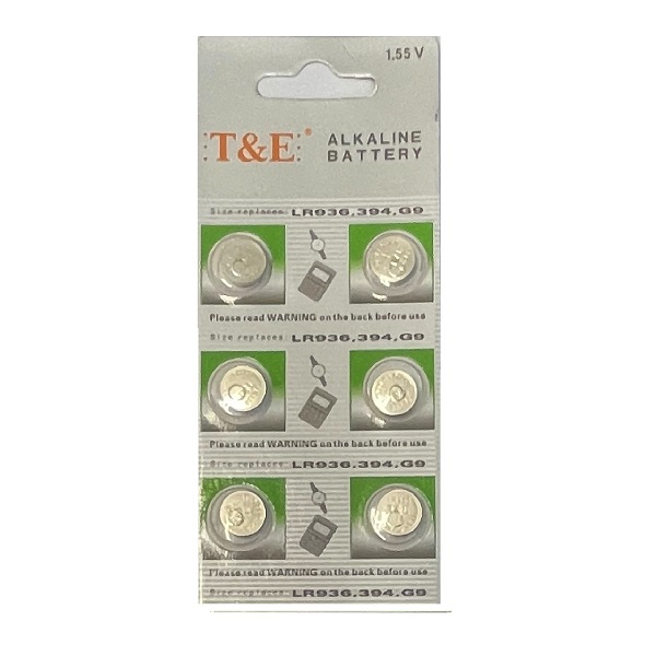 T&E AG9 SR936SW LR936 LR45 394 Alkaline Button Battery (6 Pieces)