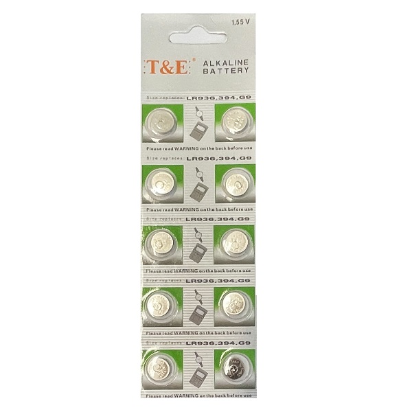 T&E AG9 SR936SW LR936 LR45 394 Alkaline Button Battery (10 Pieces)